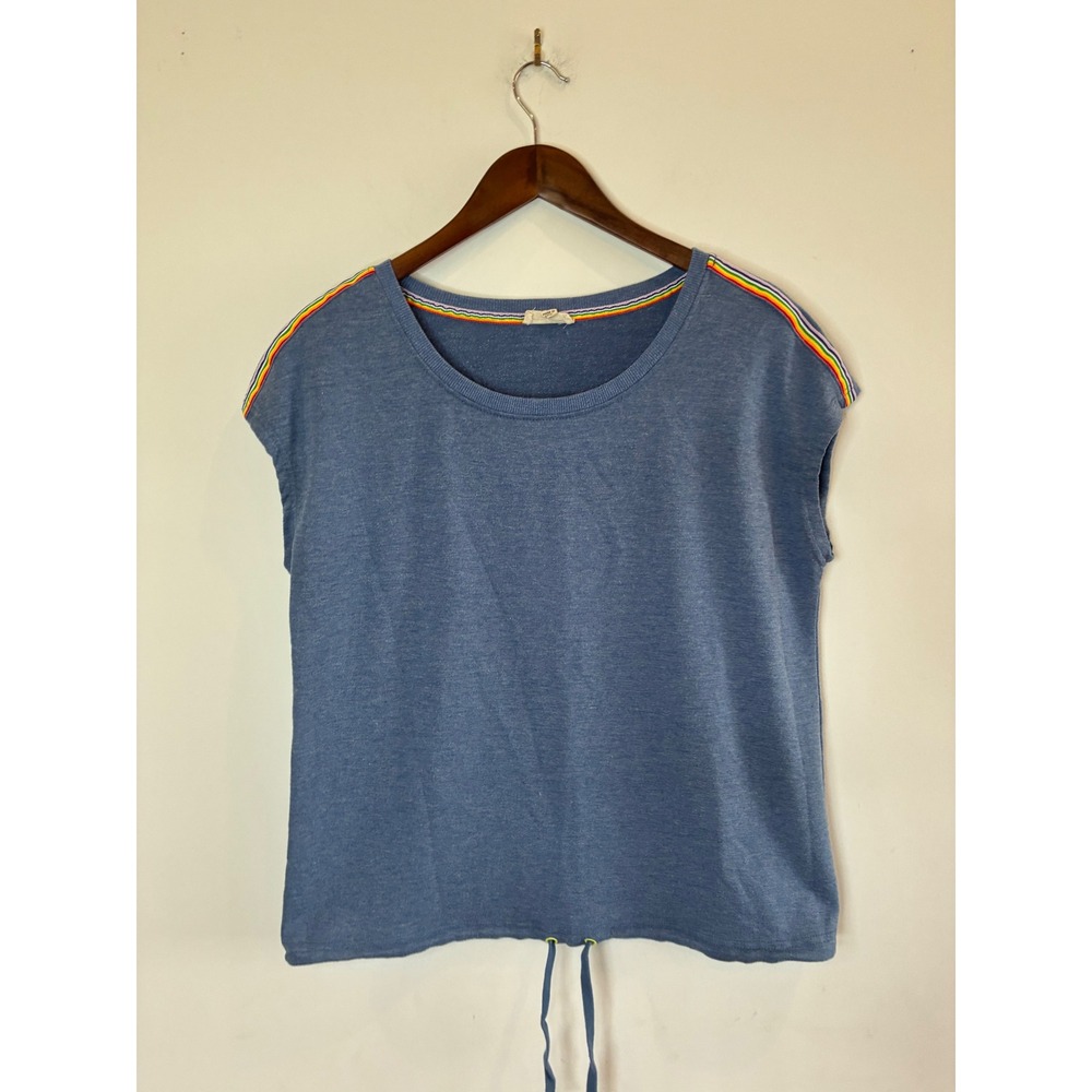 Jane and Delancey Blue Rainbow Stripe Shoulder Drawstring Hem Knit Top Medium